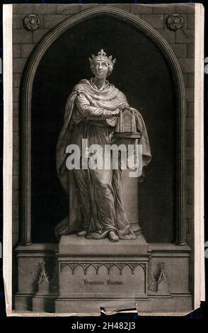 König Heinrich VI., mit den Händen über der Kapelle des Eton College. Mezzotint von W. Pether nach J. Bacon. Stockfoto