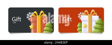 Set von Geschenkgutschein mit 3d Rendern große Geschenkbox mit Weihnachtsbäumen und Schneeflocken umgeben, Karte Vorlage isoliert Stock Vektor