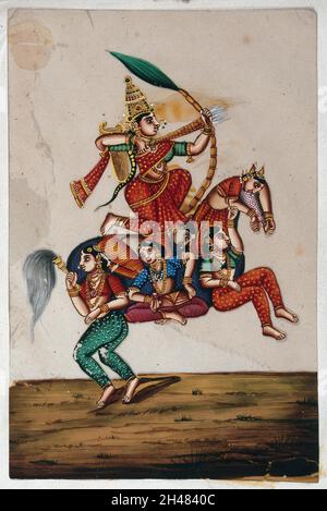 Eine Göttin, die auf einem Pferd sitzt, das aus fünf Frauen gebildet wurde und einen Pfeil schießt. Gouache-Gemälde auf Glimmer von einem indischen Künstler. Stockfoto