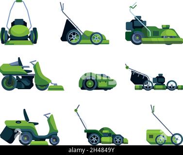 Rasenmähen. Gartenmaschinen Traktoren zum Schneiden von Frühlingsgrün Gras und Blätter grellen Vektor Cartoon farbigen Technik Stock Vektor