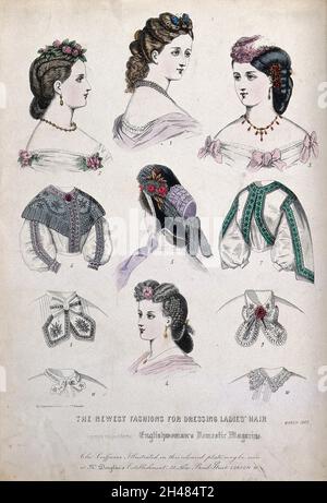 Die Köpfe und Schultern von fünf Frauen, die ihre Haare tragen, bekleidet mit Blumen, Schmetterlingen, Federn, Schmuck und einem Hut; zwei Stickereien mit Stickereien und vier Kragen. Farbiger Linienblock, 1863, von Thiery (?). Stockfoto