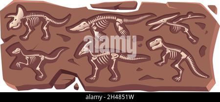 Vergrabenes Skelett. Dinosaurier alten Reptil marine versteinert in Stein alten Knochen genaue Vektor-Cartoon-Sammlung Stock Vektor