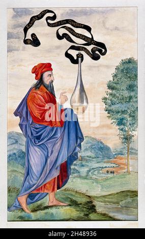 Ein alchemistischer Adept, der die Vase von Hermes trägt, die mit der Aufschrift „Lasst uns gehen, um die Natur der vier Elemente zu suchen“ beschriftet ist. Aquarellmalerei. Stockfoto