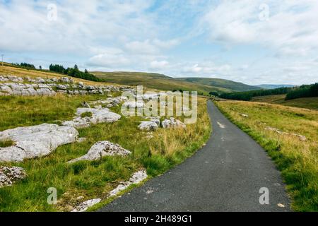 Ruhige Landstraße, die zur Quelle des Flusses Wharfe in Langstrothdale, Yorkshire Dales National Park, Großbritannien, führt Stockfoto