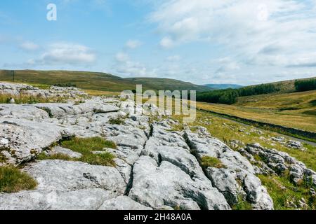 Ruhige Landstraße, die zur Quelle des Flusses Wharfe in Langstrothdale, Yorkshire Dales National Park, Großbritannien, führt Stockfoto