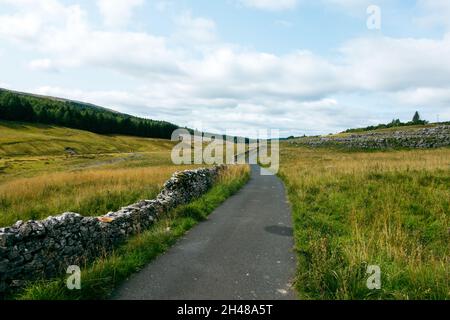 Ruhige Landstraße, die zur Quelle des Flusses Wharfe in Langstrothdale, Yorkshire Dales National Park, Großbritannien, führt Stockfoto