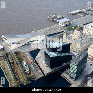 Eine Luftaufnahme des Museum of Liverpool, Waterfront, Merseyside, Nordwestengland, Großbritannien Stockfoto