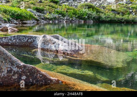 Grüner See mit klarem, transparentem Wasser, aus dem riesige Granitsteine hervorsticht Stockfoto