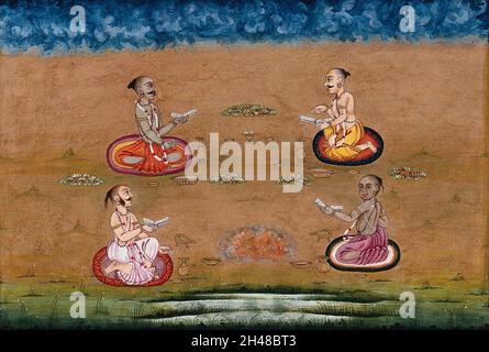 Vier Priester konsultieren einige Schriften und führen eine Yagna, ein Feueropfer, ein altes vedisches Ritual durch, bei dem dem gott des Feuers Agni Opfer dargebracht werden. Gouache-Gemälde eines indischen Künstlers. Stockfoto