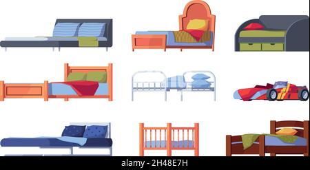 Moderne Betten. Entspannende Orte mit Holzmöbeln mit Matratze garish Vektor flache Bilder isoliert gesetzt Stock Vektor