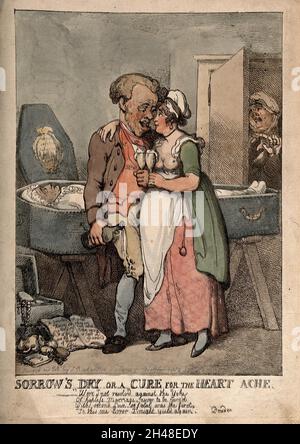 Ein Mann, der sich mit einer jungen Frau tummelten, während seine kürzlich verstorbene Frau im Hintergrund in einem Sarg liegt. Kolorierte Radierung von T. Rowlandson, 1802. Stockfoto
