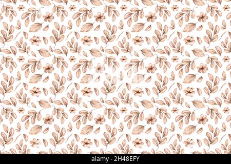 Aquarell-Boho-Nahtloses Muster - handbemalte tropische Blüten aus weißer Orchidee, Palmblättern und Ästen von Pampas. Romantisches Blumenset perfekt für Stockfoto