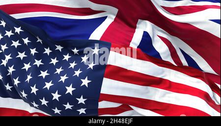 Die Flaggen der Vereinigten Staaten und des Vereinigten Königreichs winken im Wind. Internationale Beziehungen und Diplomatie. Stockfoto