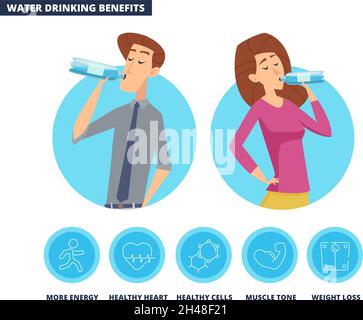 Vorteile von Wassergetränken. Mann Frau trinkt aus Flaschen, saubere Flüssigkeit. Infografiken zu einem gesunden Lebensstil Stock Vektor