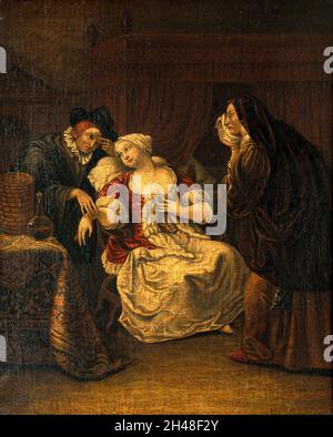 Ein Arzt, der den Puls einer Dame nimmt. Ölgemälde von einem Anhänger von Jan Havickz. Steen. Stockfoto