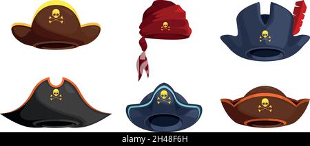 Piratenhüte. Kostüme Bandanas von Piraten Karneval Matrosen Kleidung Kapitän Figuren grellen Vektor Hüte Sammlung in flachem Stil Stock Vektor