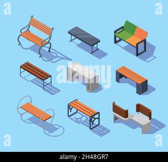 Isometrische Bänke. Urban Outdoor moderne Stadtmöbel Komfort Holzbänke grellen Vektorbilder isoliert Stock Vektor