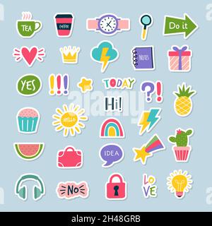 Tägliche Aufkleber. Planner Journal trendy Dekor Notizbuch Erinnerung Bilder Kaffee Tasse Regenbogen Zahlen und Buchstaben verschiedene Wörter Zitate neuen Vektor Stock Vektor