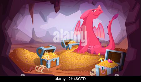 Drachenhöhle. Fantasy gruselige Tier schützen Schmuck Märchen wütend Drachen auf großen Stapel von Edelstein Geld und goldene Münzen Schätze Magie genaue Cartoon Stock Vektor