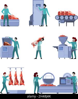 Schweinefleischproduktion. Wurst Herstellung Prozesse Schweinefleisch Kochen industrielles Fleisch Herstellung grellen Vektor flache Illustrationen set Stock Vektor