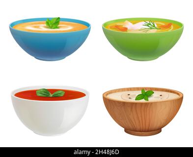 Schüsseln mit Suppe. Gazpacho-Hühnerpüree-Suppe mit Fisch anständige Vektorbehälter mit flüssigen Produkten Stock Vektor