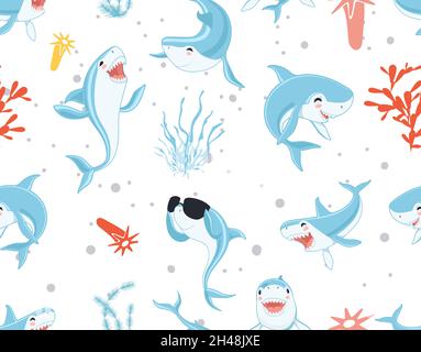 Niedliches Haie-Muster. Lustige Cartoon-Hai, Algen-Druck. Meerestiere, Unterwasserwelt Vektor nahtlose Textur Stock Vektor