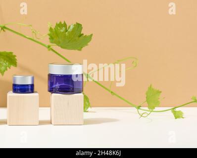 Kosmetikprodukte in einem blauen Glas mit grauem Deckel auf einem hölzernen Podium aus Würfeln, hinter einem Weintraubenzweig mit grünen Blättern. Leer für Brandin Stockfoto