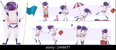 Weltraumreisende. Kosmonauten in Aktion stellt futuristische Touristen zu Fuß spielen entspannende genaue Vektor flache Person in Cartoon-Stil Stock Vektor