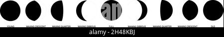 Mondphasen. Isolierte Monde von jung bis alt, Erde sputnik Vektor-Konzept Stock Vektor