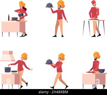 Cheffiguren. Pizza Bäckerei Konditorei Herd männliche und weibliche Berufe Menschen, die Lebensmittel auf Küche garish Vektor Personen in flachem Stil Stock Vektor