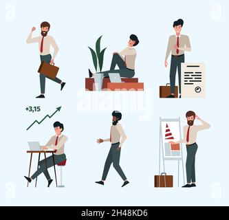 Geschäftsfiguren. Unternehmensszenen mit Geschäftsleuten und Managern, die sich mit Büromitreisenden unterhalten, grelle Vektorgrafiken mit flachen Illustrationen Stock Vektor