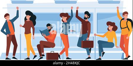 Businnenraum. Menge steht in Bus und Stand halten Griff grellen Vektor-Illustrationen Hintergrund in flachem Stil Stock Vektor