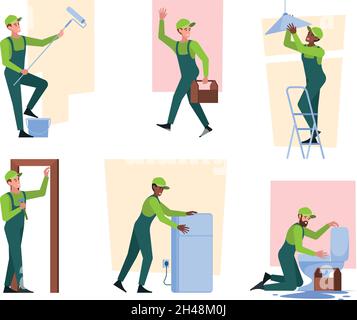 Hausangestellte. Home Reparatur Dienstleistungen Bau Renovierung Wand Klempner Maler Arbeiter Handwerker grellen Vektor Illustrationen flache Zeichen Stock Vektor