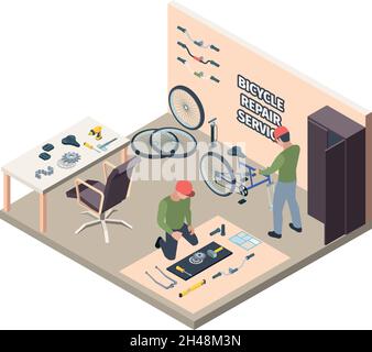 Fahrradreparatur. Arbeiter Ingenieure halten Fahrrad Werkzeuge Räder Zahnrad Lenker grellen Vektor isometrische Garage Innenraum Stock Vektor
