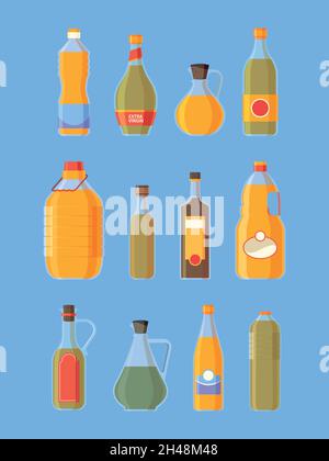 Ölflaschen sammeln. Flüssige Zutat zum Kochen von Lebensmitteln garish Vektor gelbe Flaschen Sammlung in flachem Stil Stock Vektor