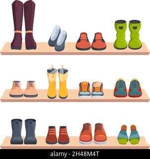 Schuhe in Regalen. Merchandising Schaufenster trendy modische Schuhe Vorderansicht Sport Sneaker und Stiefel für Frauen und Männer grelle Vektor-Illustrationen Stock Vektor