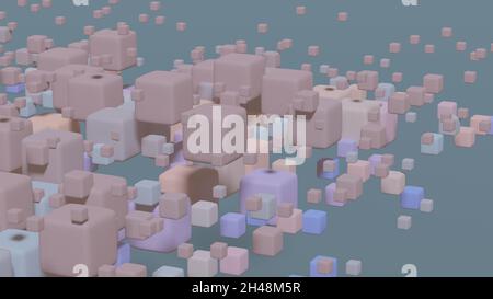 Abstrakte mehrfarbige 3d-Würfel in verschiedenen Größen auf grauem Hintergrund. Rosa, beige, violette Schattierungen von matten Quadraten Stockfoto