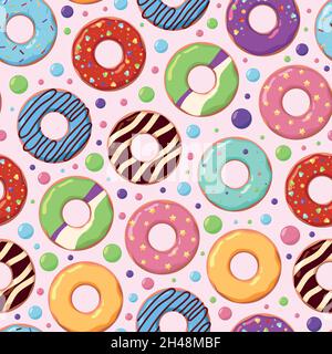 Krapfen-Muster. Lebensmittelringe bunte gezuckerte Schokolade runde Donuts grellen Vektor-Illustrationen von nahtlosen Hintergrund Stock Vektor