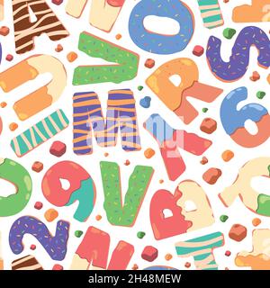 Buchstabenmuster. Donuts Kuchen lustige Buchstaben und Zahlen Textsymbole grellen Vektor Textil Design Projekte nahtlose Vorlagen Stock Vektor