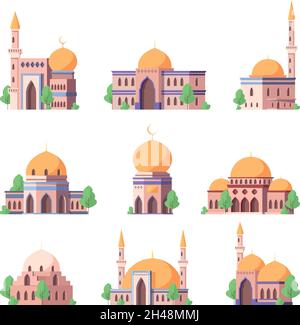 Arabische Moschee. Religion authentische Arabeske Gebäude geometrische Dächer mit Kuppeln Sultan Hause grellen Vektor flache Illustrationen isoliert Stock Vektor