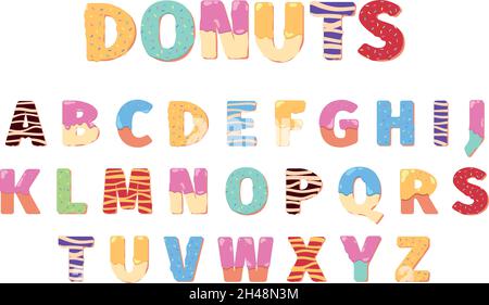 Donuts-Alphabet. Attraktion lustige Text Buchstaben Lebensmittel Kuchen Schriftzug 3d Dessert Symbole für Design Menü Projekte grellen Vektor Illustrationen Alphabet Stock Vektor