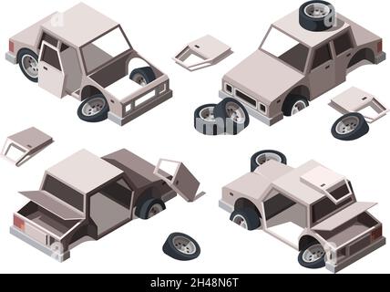 Verlassene Autos. Beschädigte rostige alte metallische Fahrzeuge verschrotten kaputte Autos grellen Vektor-isometrische Illustrationen Stock Vektor