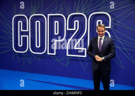 Griechenlands Premierminister Kyriakos Mitsotakis kommt zum Cop26-Gipfel auf dem Scottish Event Campus (SEC) in Glasgow an. Bilddatum: Montag, 1. November 2021. Stockfoto