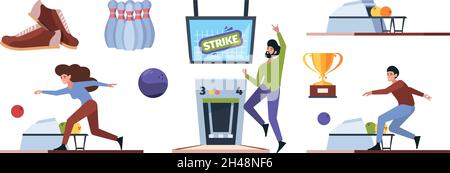 Bowling-Kollektion. Sportgeräte für aktive Attraktionen Freizeitspiele Bällchen Kegeln grellen Vektor flach Bowling Illustrationen Stock Vektor