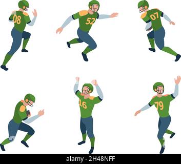 Fußballspieler. Isometrische Sport-Charaktere american Football-Spieler laufen springen stehend halten Ball grellen Vektor 3d-Personen in dynamischer Pose Stock Vektor