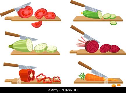 Gemüse schneiden. Scheiben Salat Karotte roten Pfeffer Gurken natürliche Produkte für die Vorbereitung gesunder Lebensmittel aktuellen Vektor-Cartoon-Illustrationen Stock Vektor