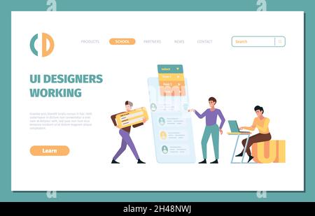 UI-Builders. Landing Page von Designern und Programmierern, die verschiedene Webframes mit Trennern kreative Arbeiter grellen Vektor-Vorlage Stock Vektor