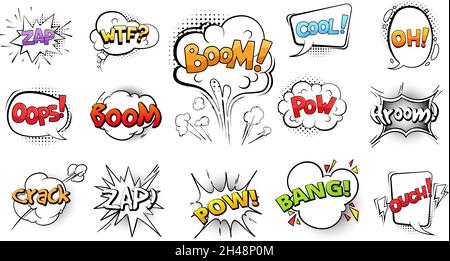 Comic Speech Bubbles Kollektion. Isolierte Wolken mit Text, Cartoon Explosion Vektor gesetzt Stock Vektor