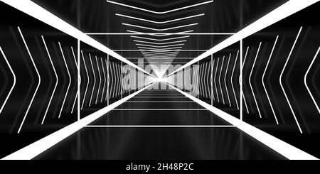 Dunkler Tunnel mit hellweißen Neonlichtern. Verschwommene Reflexionen auf dem Boden. Abstrakter schwarzer Hintergrund. 3D-Rendering-Bild. Stockfoto