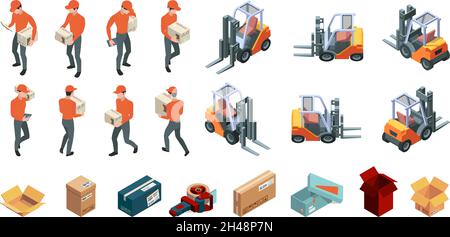 Lager isometrisch. Versand Transport und Gabelstapler Lader Dienstleistungen Lager grellen Vektor Illustrationen Set Stock Vektor